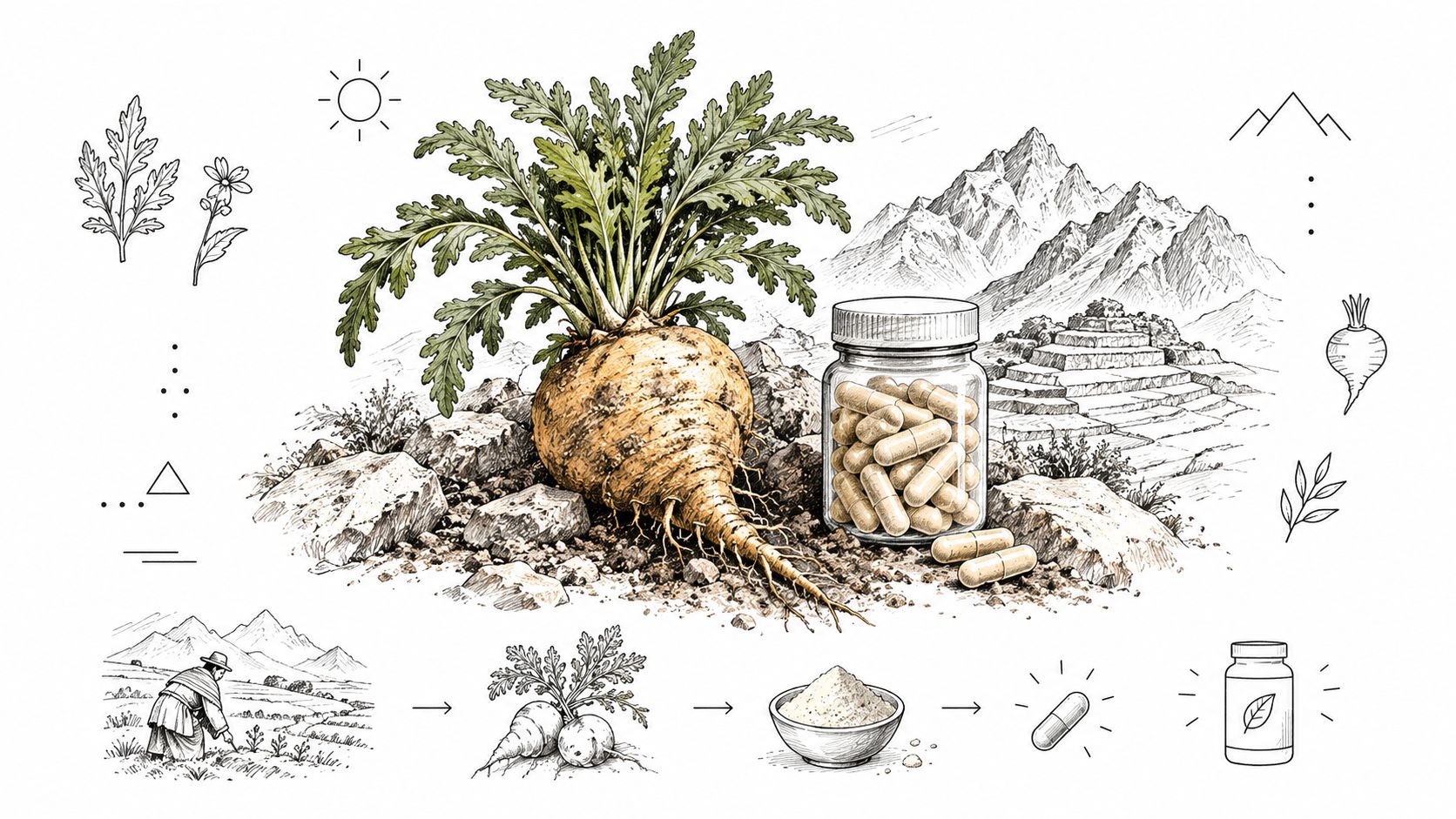 A detailed illustration showing the growth, harvest, and production of maca root into health supplement capsules.