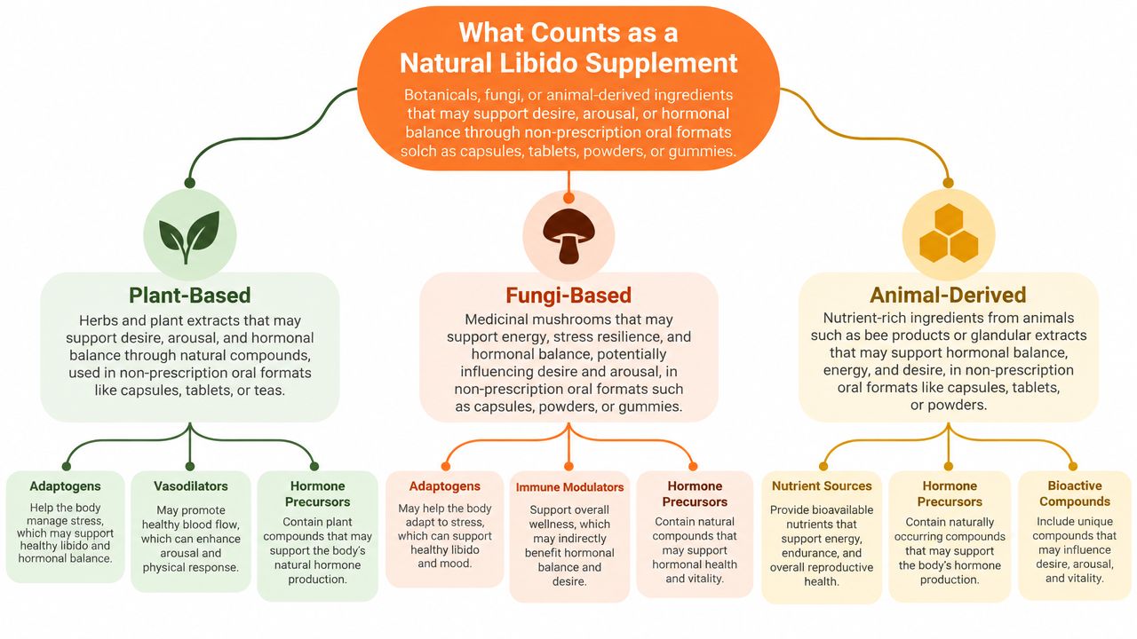 A flowchart categorizing natural libido supplements into plant-based, fungi-based, and animal-derived types with their specific functions.