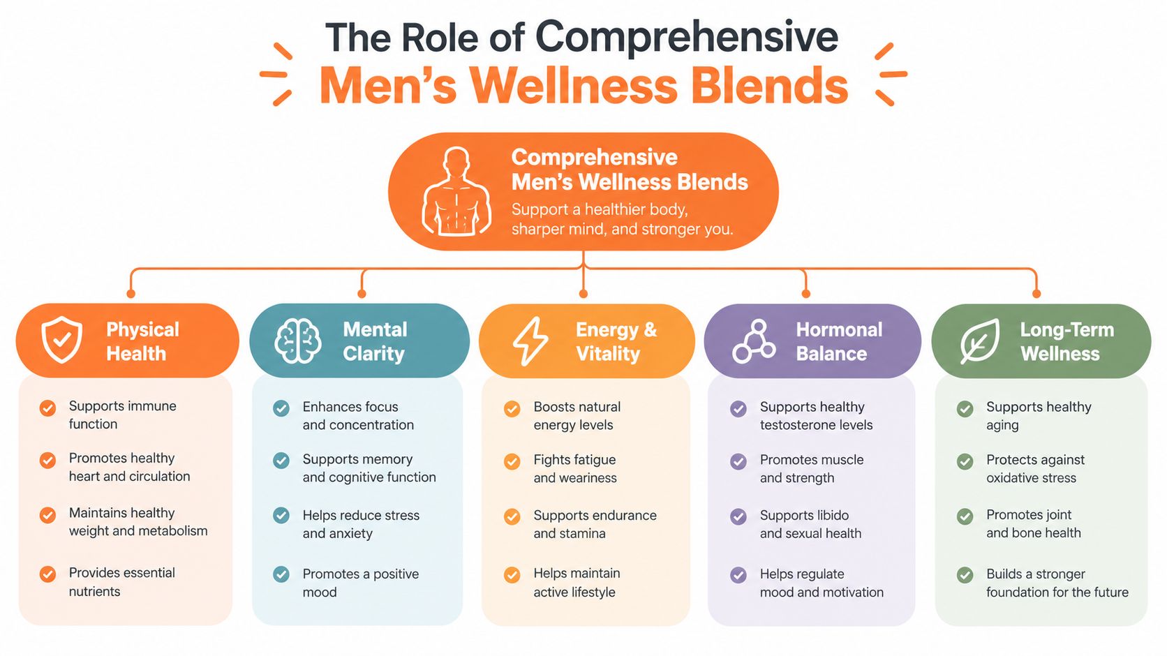 A diagram outlining the benefits of comprehensive men's wellness blends for physical, mental, and hormonal health.