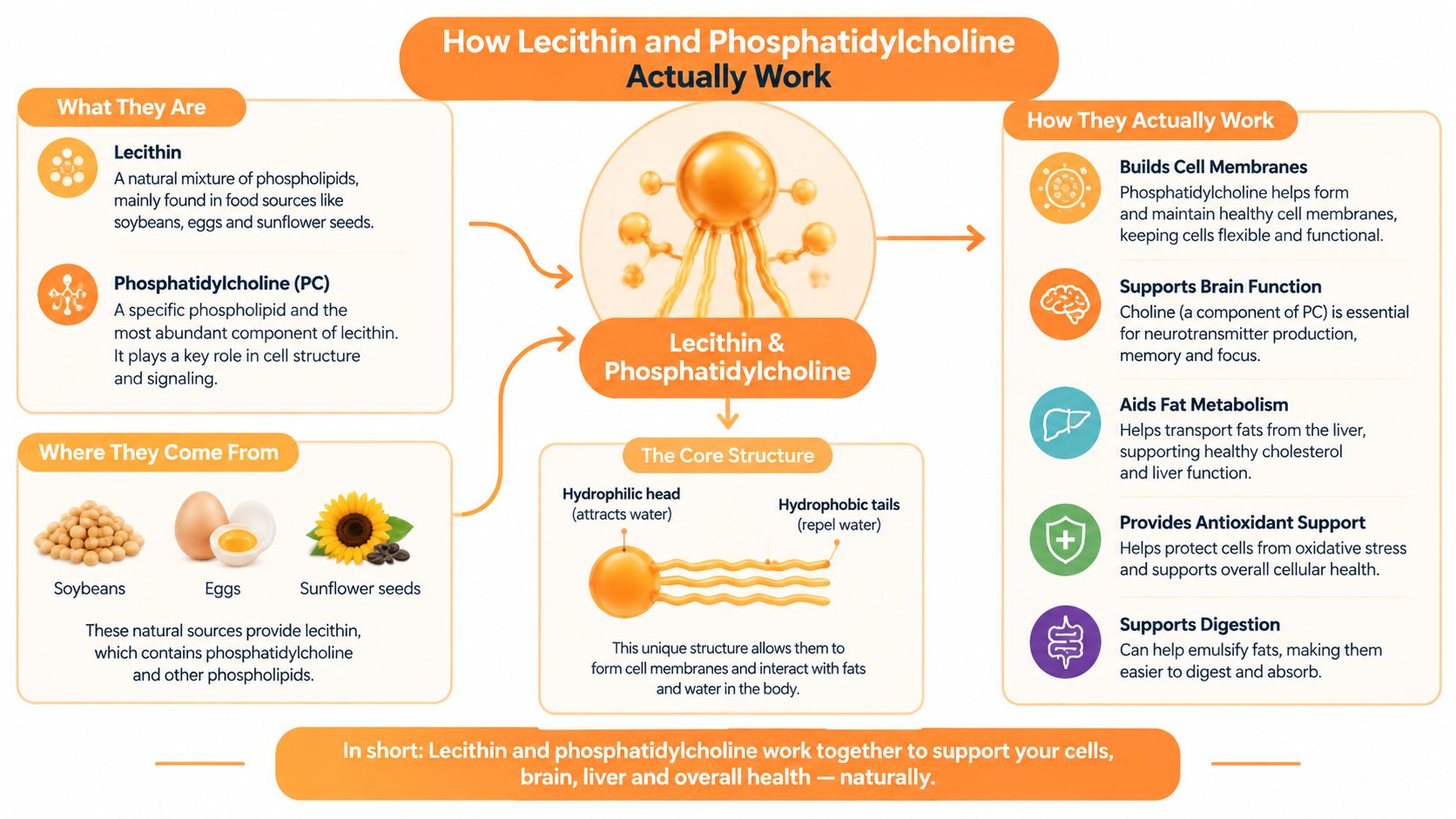 An infographic explaining the benefits, natural food sources, and biological structure of lecithin and phosphatidylcholine.