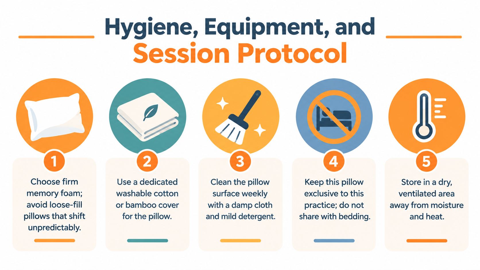 An instructional graphic outlining five hygiene and equipment protocols for using a specific pillow during sessions.