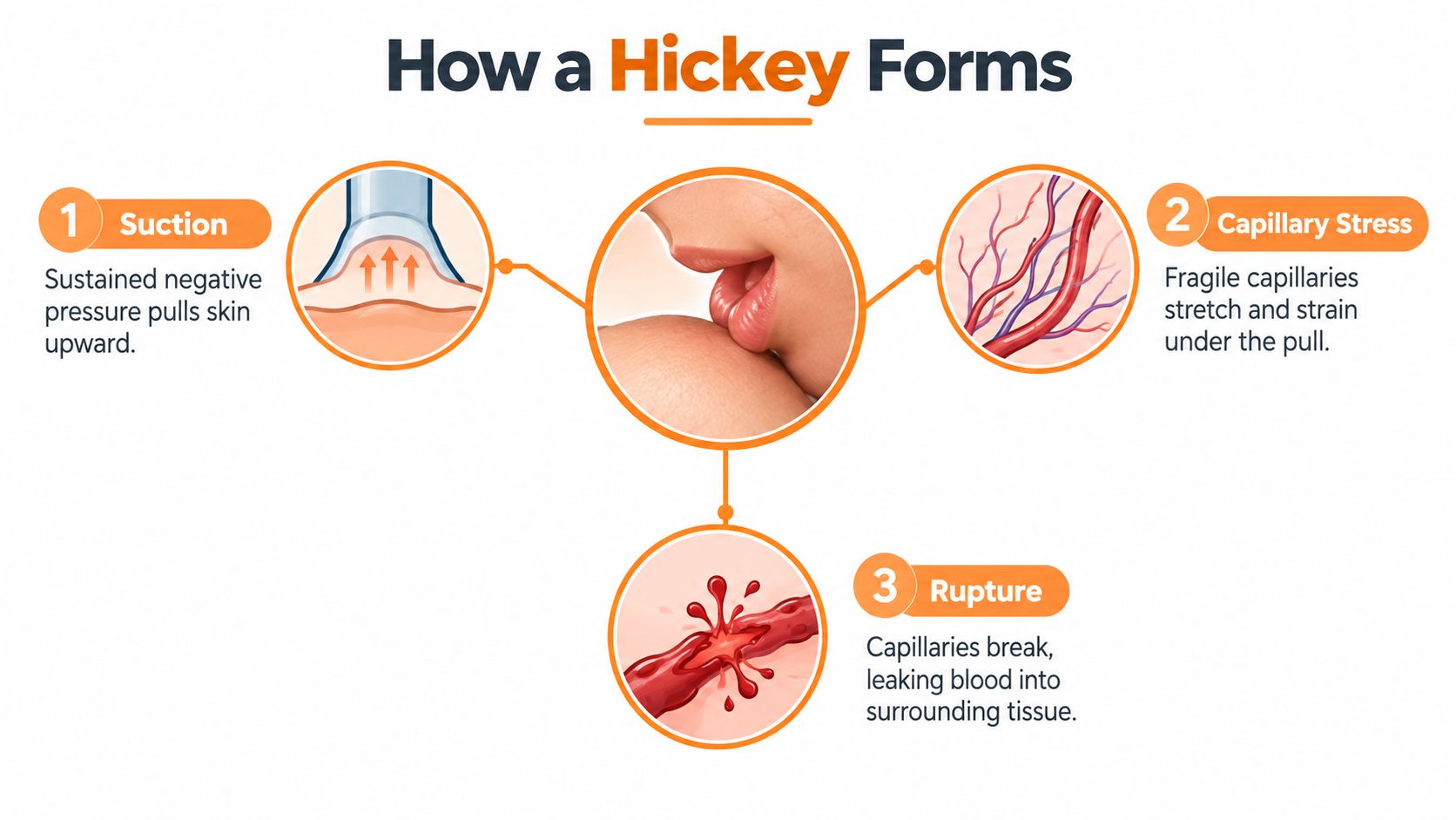A diagram illustrating the biological process of how a hickey forms through suction, capillary stress, and rupture.