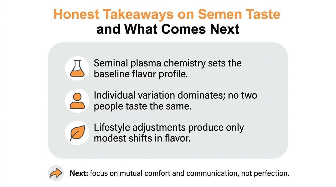 An infographic titled Honest Takeaways on Semen Taste and What Comes Next, detailing factors affecting flavor profile.