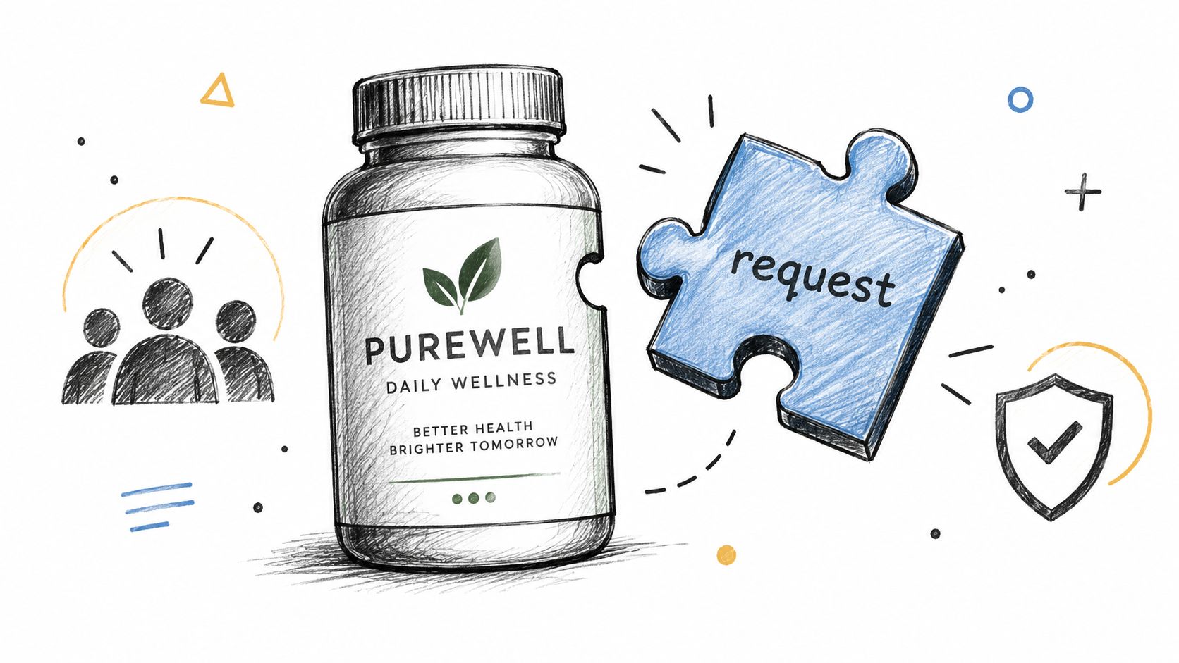 A hand-drawn illustration of a Purewell daily wellness supplement bottle and a blue puzzle piece labeled request.