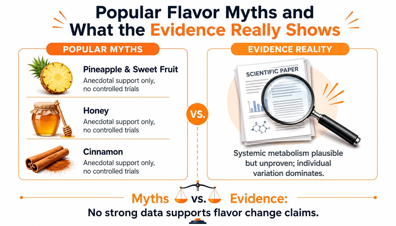 An infographic comparing popular food myths regarding body fluid taste against scientific evidence and controlled trials.