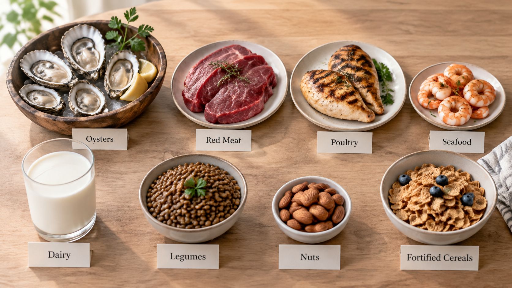 A wooden table featuring a variety of zinc-rich foods including oysters, red meat, poultry, seafood, dairy, legumes, nuts, and cereals.