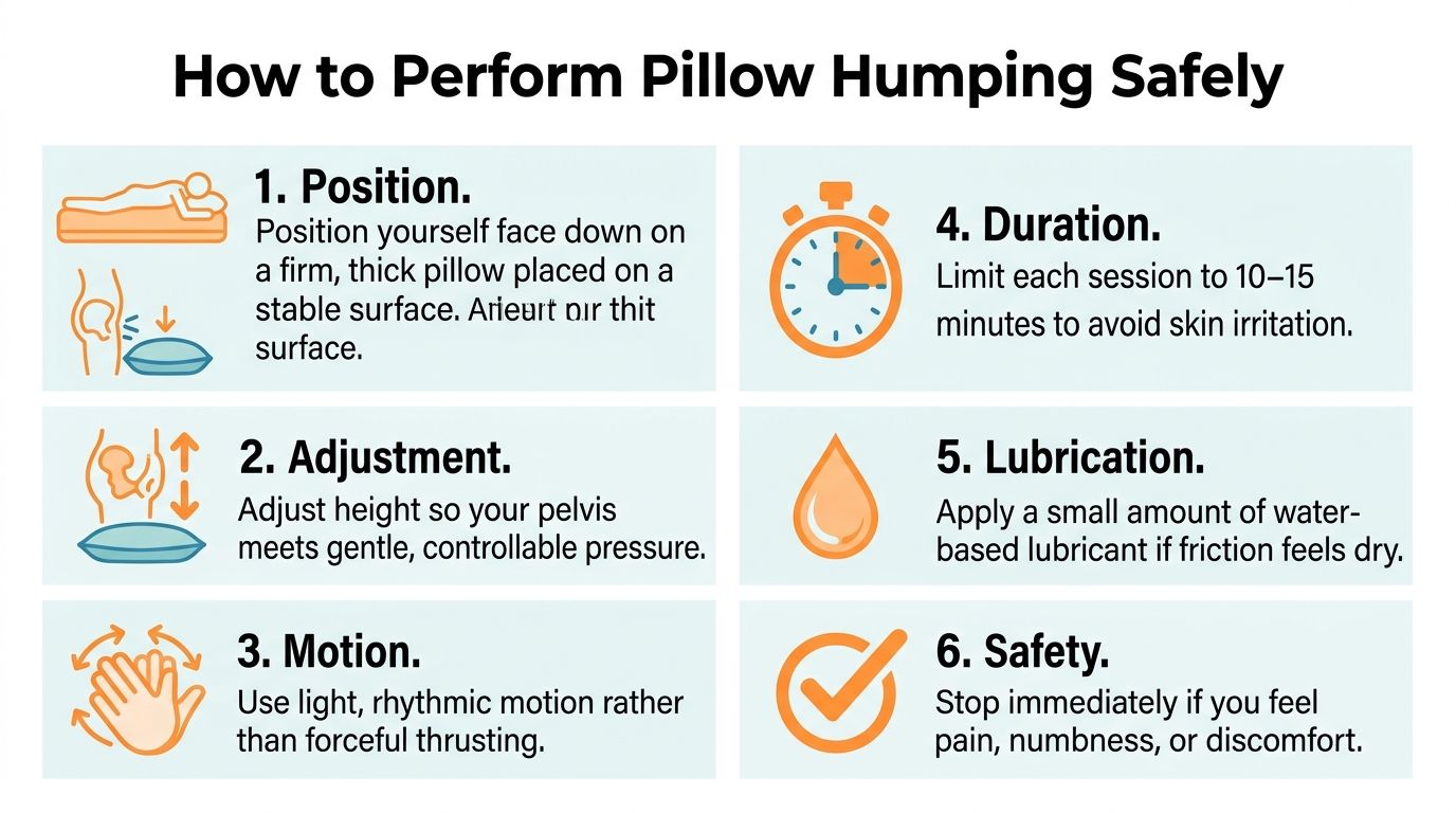 A guide infographic with six steps on how to perform pillow humping safely for comfort.