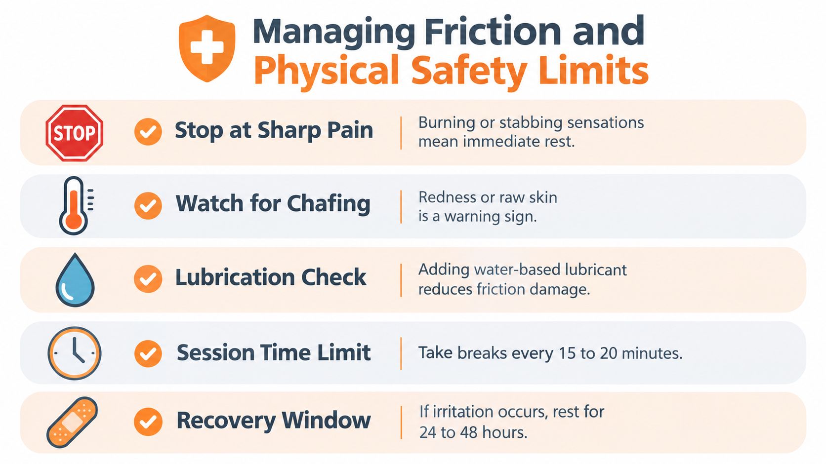 A safety infographic titled Managing Friction and Physical Safety Limits providing tips on preventing injury during intimate activity.
