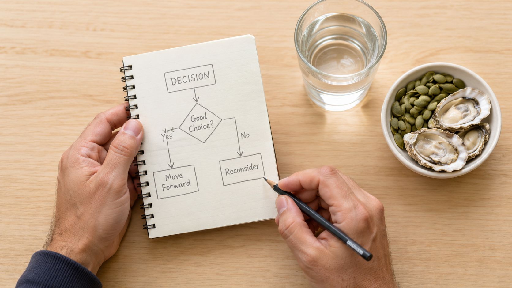A person sketching a decision flowchart in a notebook next to a bowl of oysters and seeds.