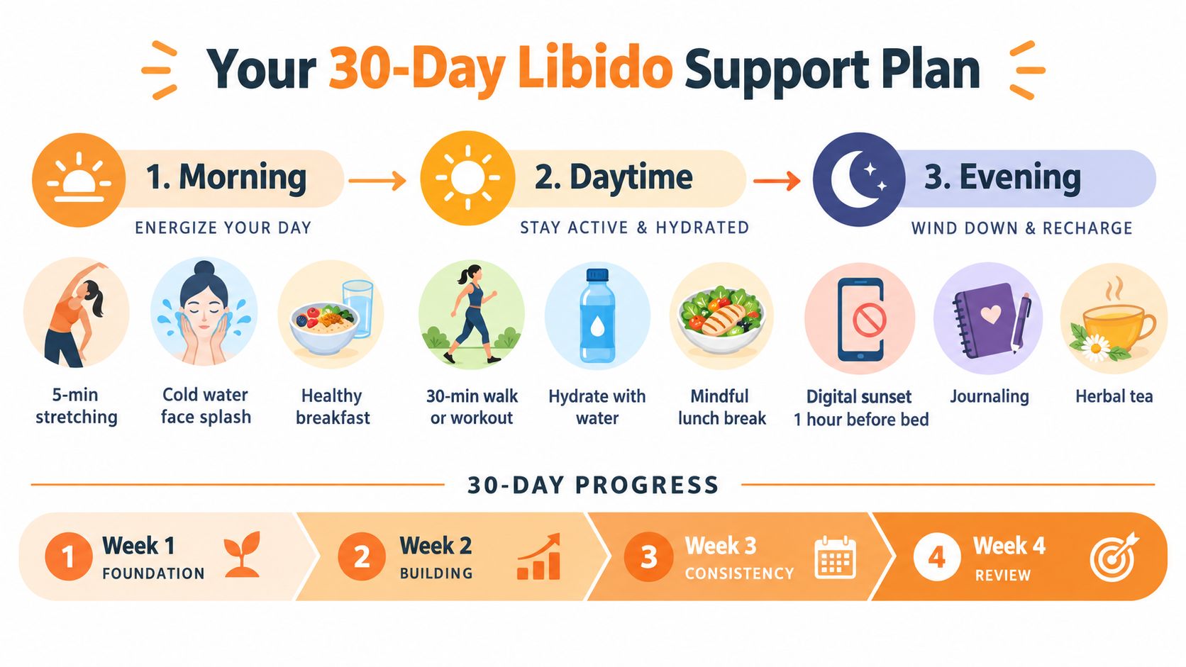 A 30-day libido support plan infographic outlining daily morning, daytime, and evening routines for better wellness.