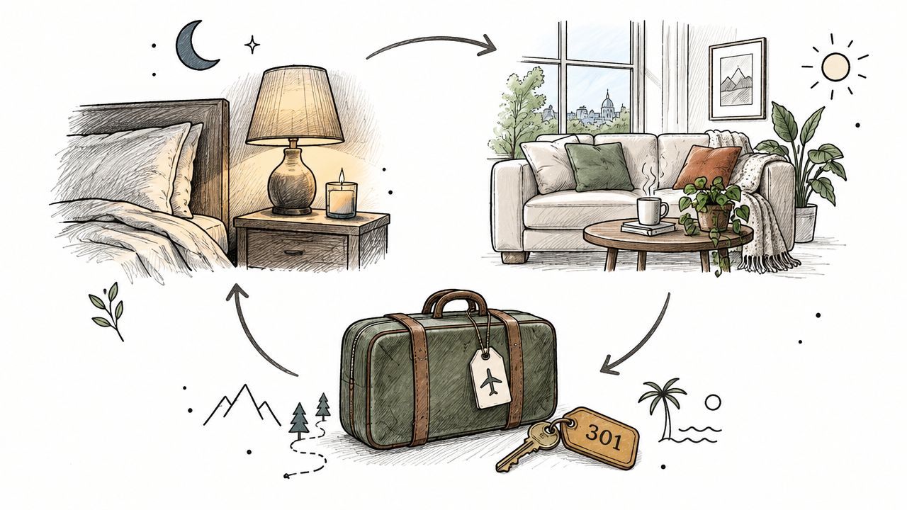 A conceptual illustration of travel and hotel stay showing bedroom, living room, suitcase, and room key.