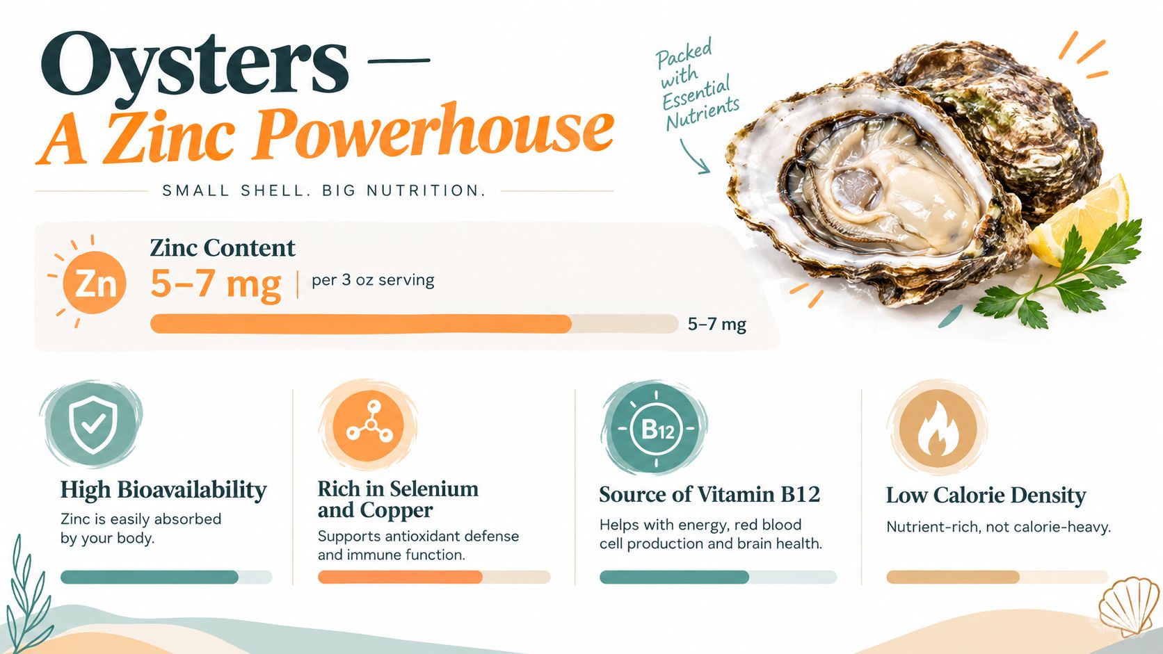 An infographic titled Oysters - A Zinc Powerhouse highlighting the nutritional benefits of eating oysters.