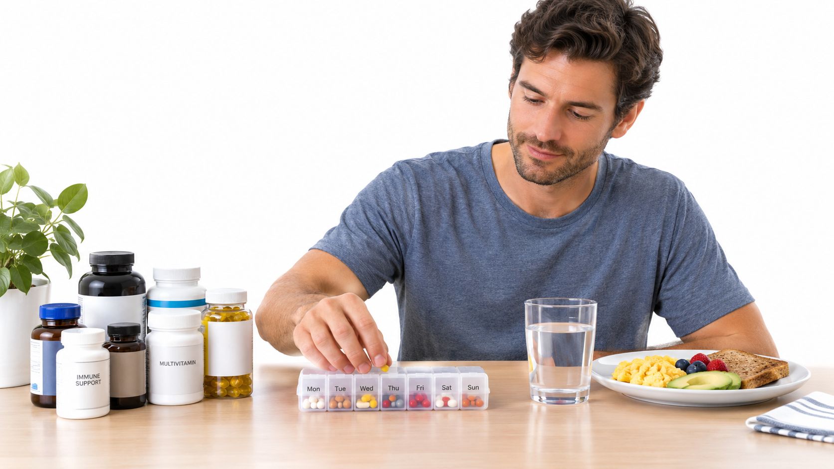A man in a grey t-shirt organizes his daily supplements into a weekly pill organizer at breakfast.