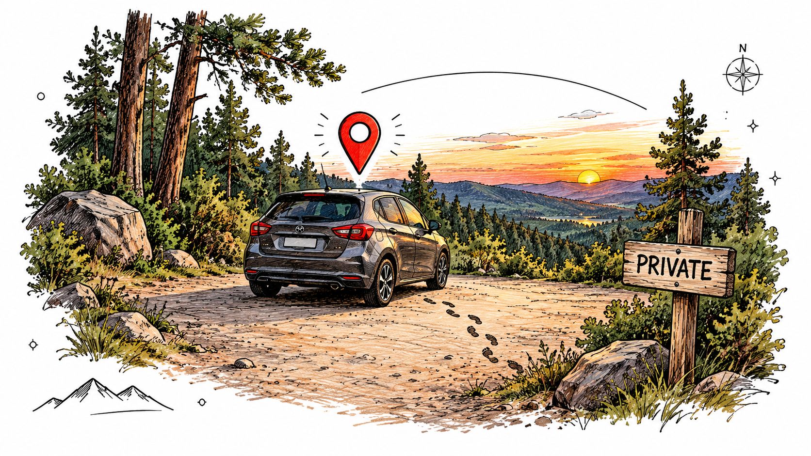 A gray hatchback parked on a rural path near a private property sign during a scenic sunset.