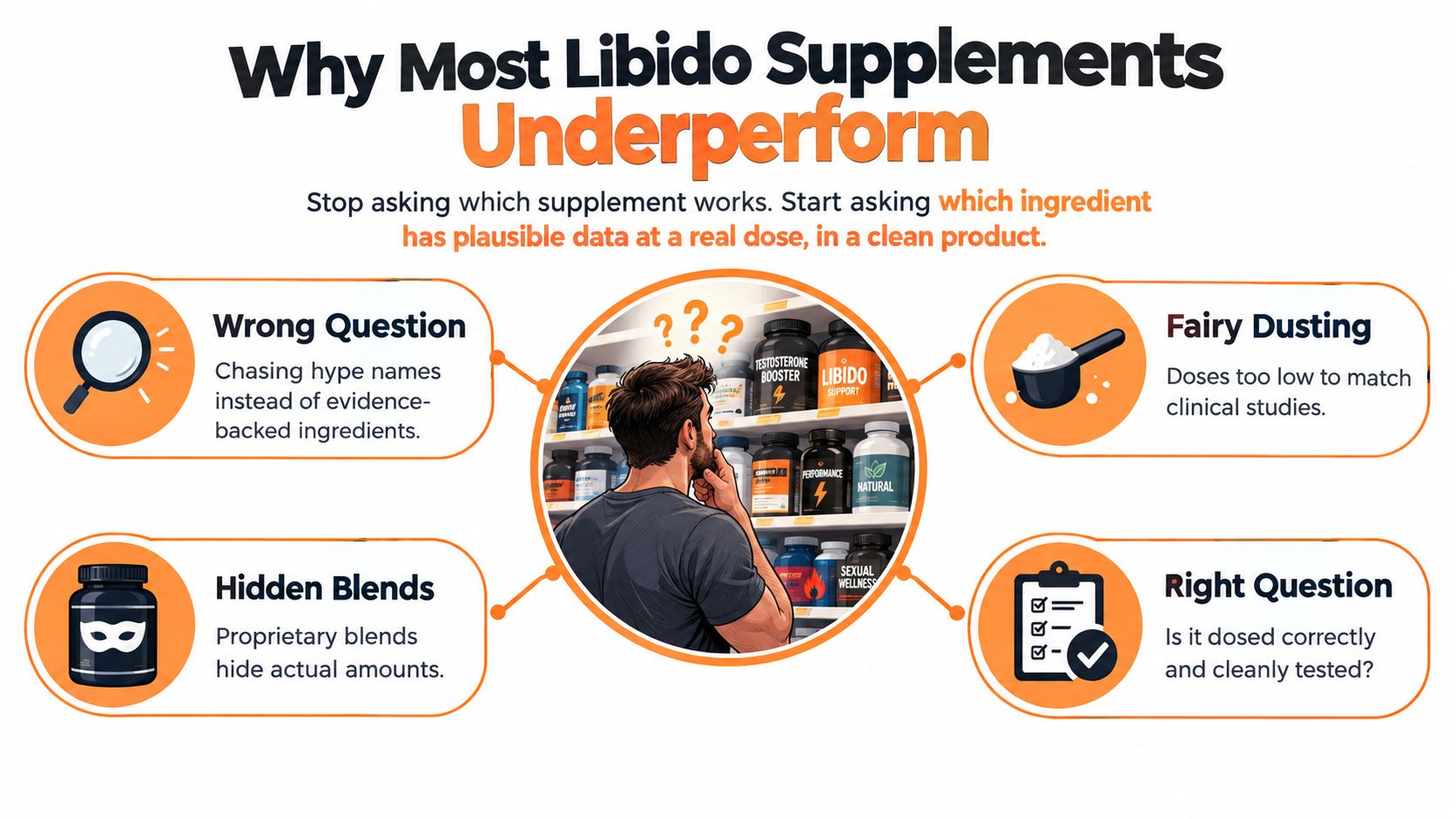 An infographic explaining why libido supplements often fail due to misleading marketing and incorrect ingredient dosages.