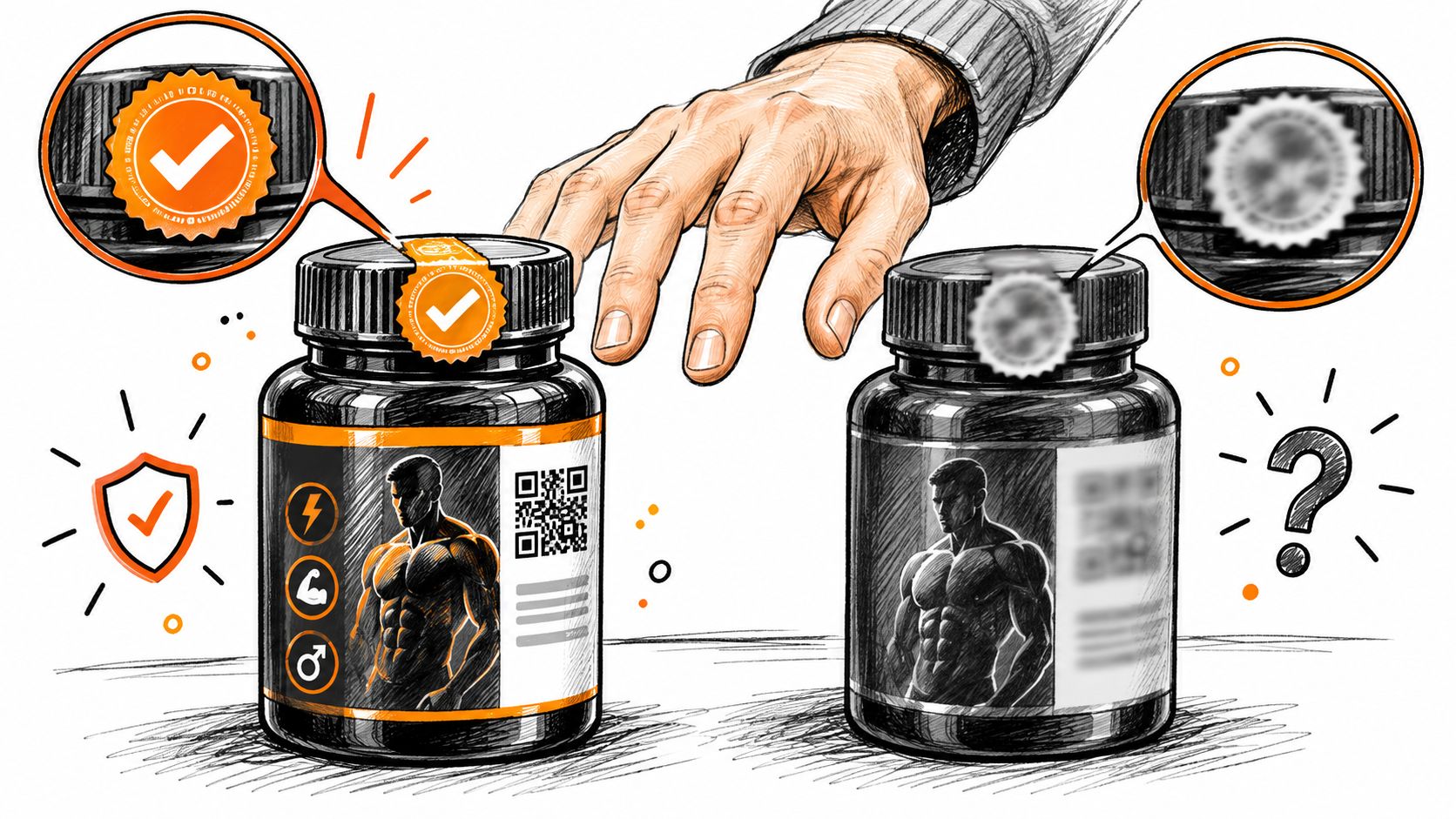 A hand choosing between a verified, labeled supplement bottle and an unverified, blurry imitation product bottle.