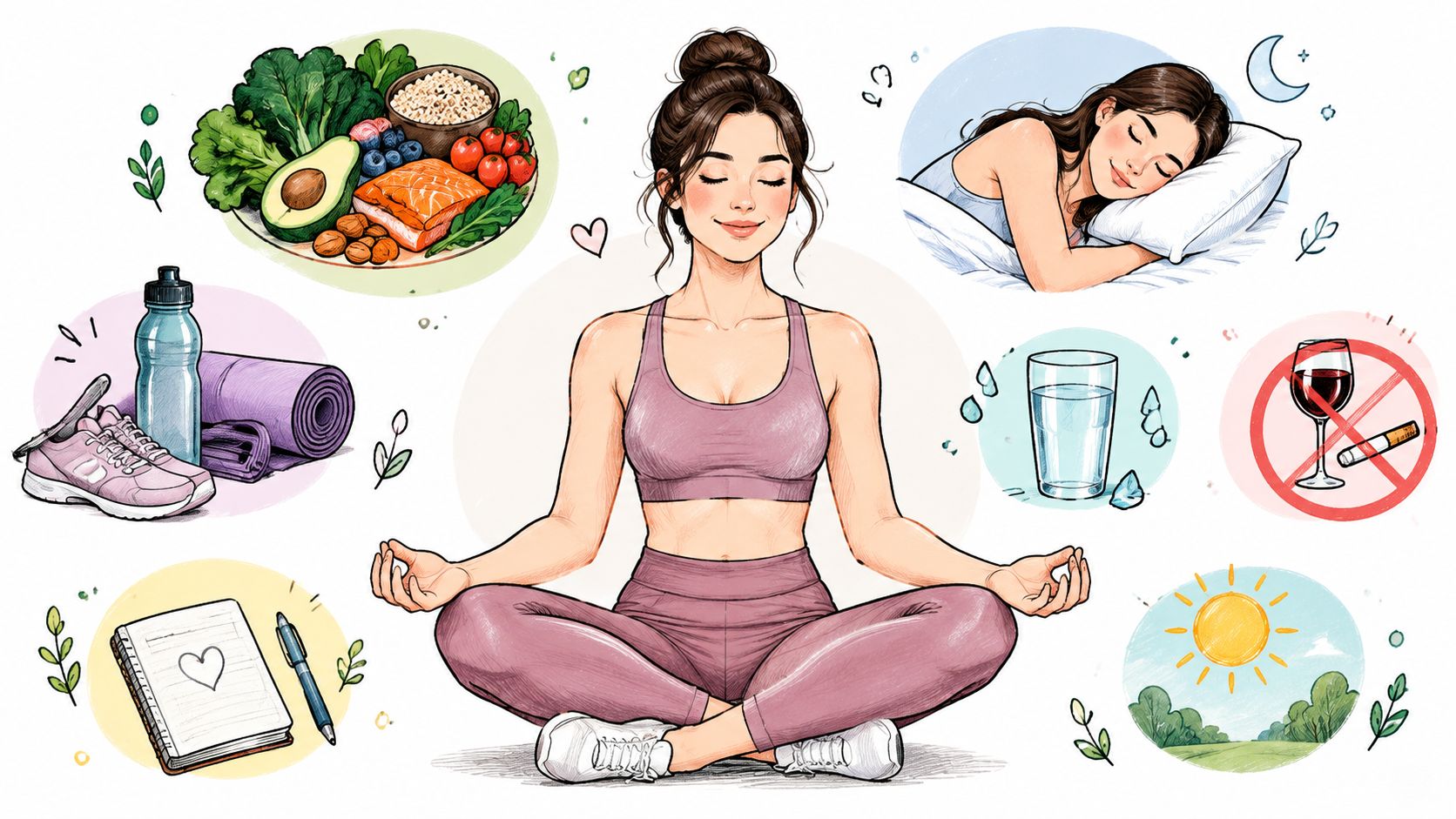 A woman meditating surrounded by icons representing healthy lifestyle habits like eating nutritious food and sleeping well.