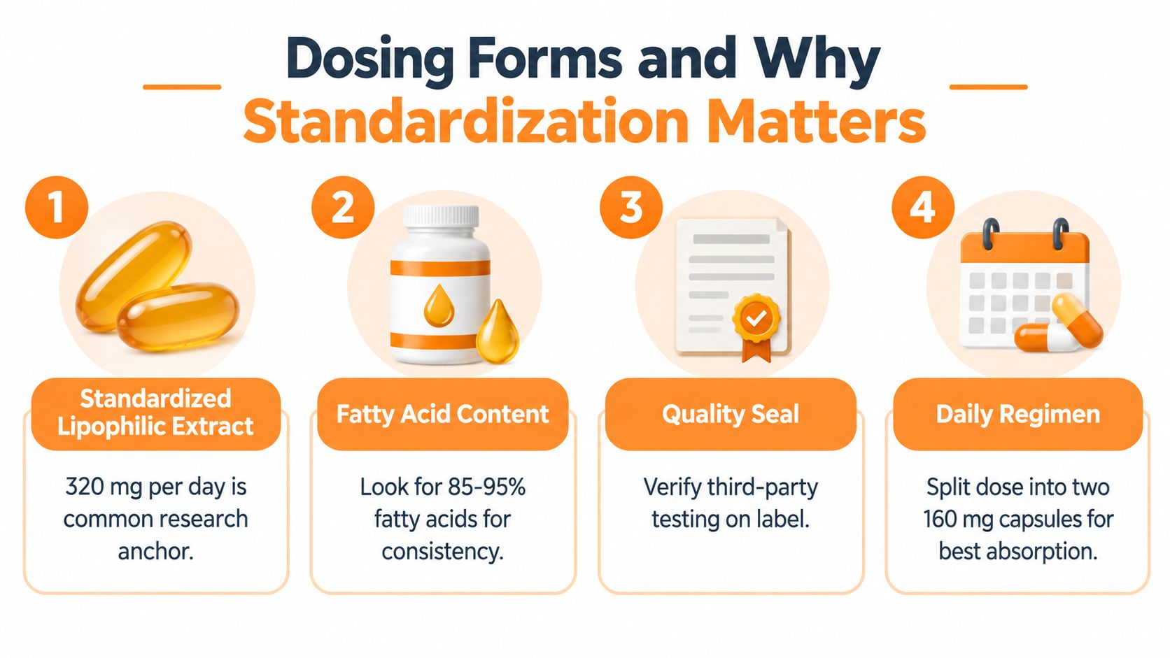 An infographic showing four steps for dosing and selecting standardized saw palmetto supplements for health.