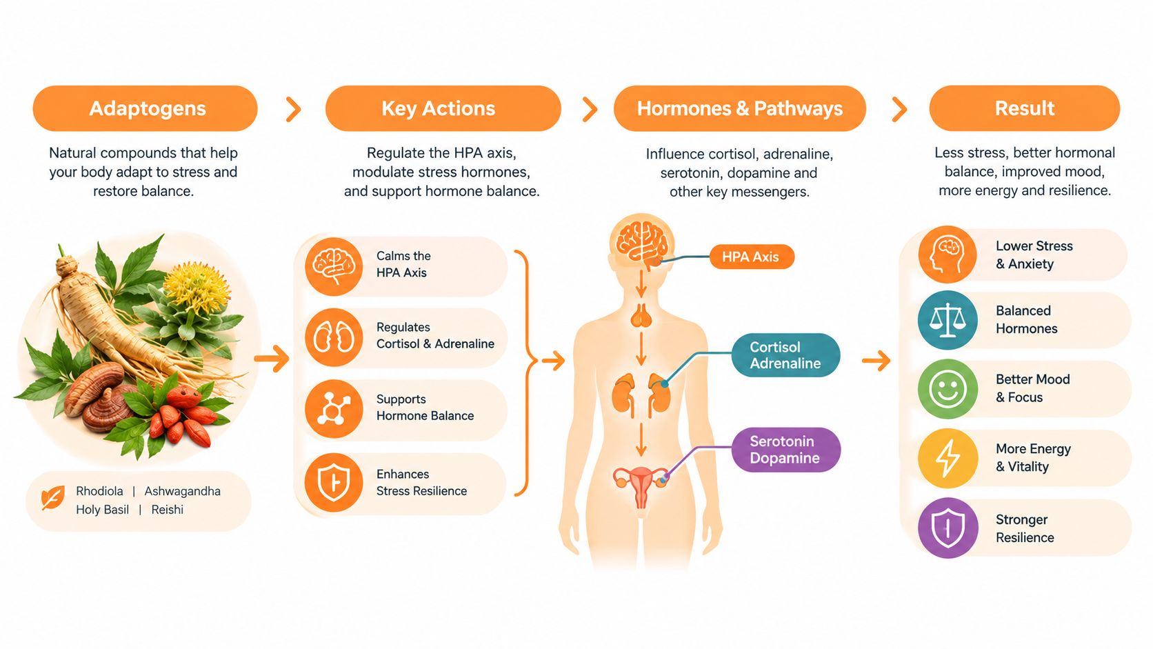 A diagram illustrating how adaptogens like ashwagandha regulate the HPA axis, balance hormones, and improve stress resilience.