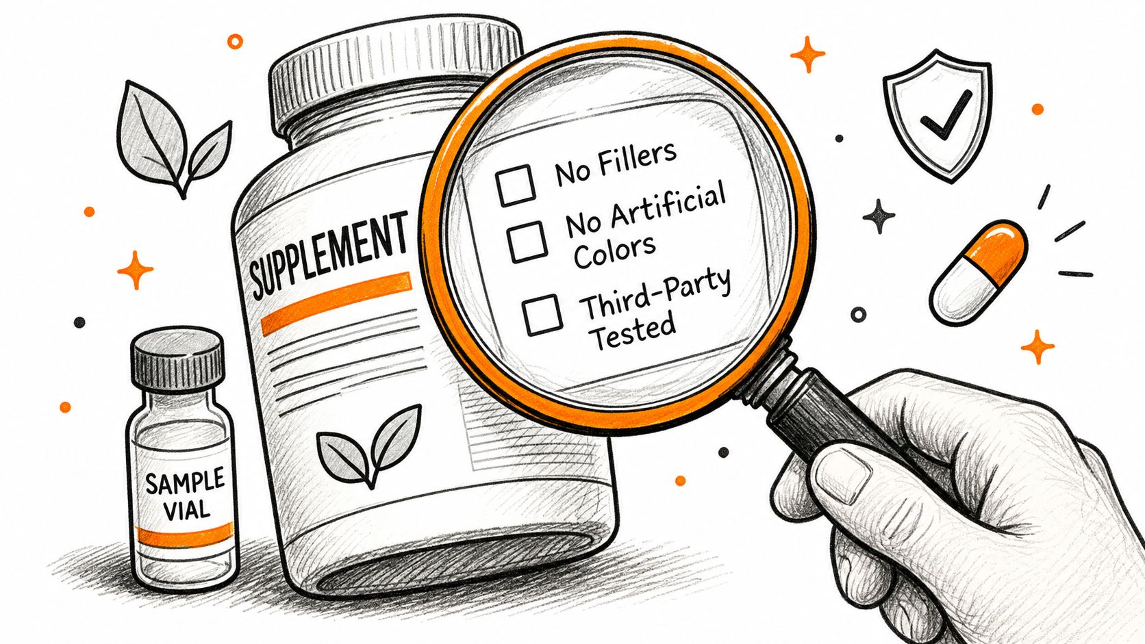A hand holding a magnifying glass over a supplement bottle label highlighting quality standards.
