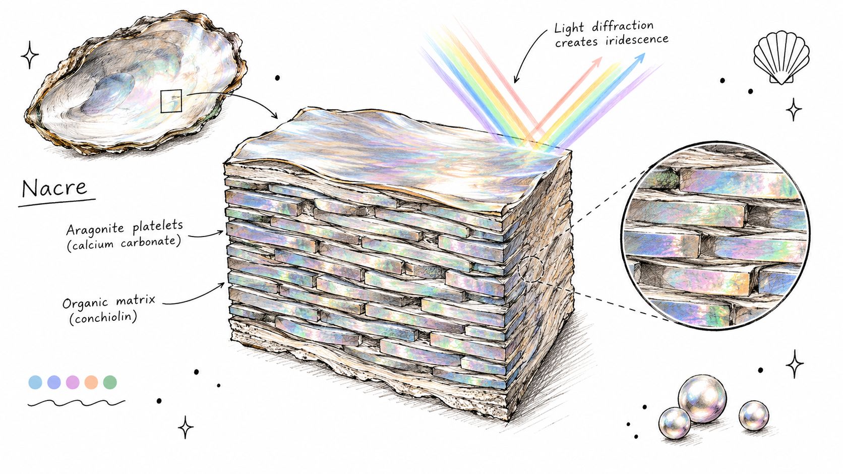 A diagram illustrating the microscopic layered structure of nacre within a shell and how light causes iridescence.