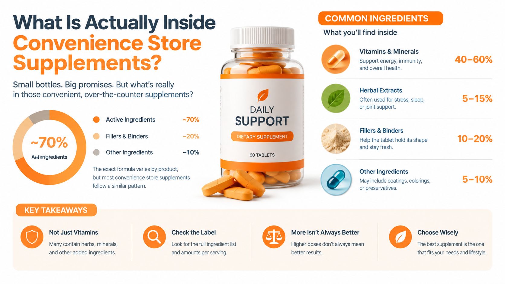 An infographic detailing the common ingredients and composition typically found in convenience store dietary supplements.