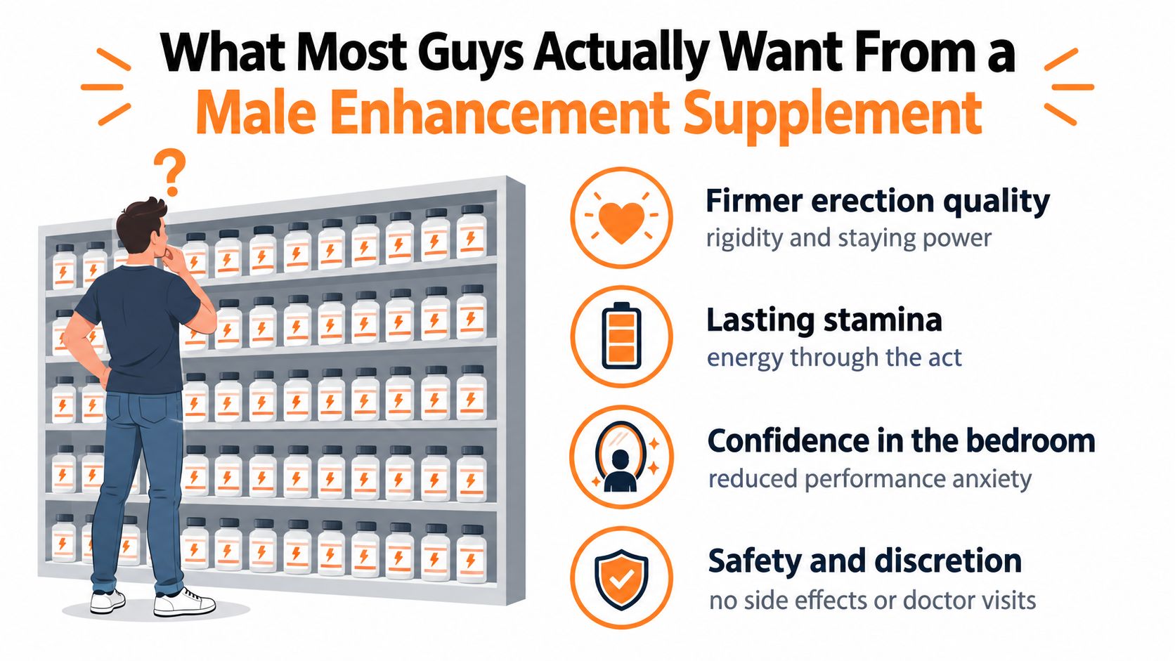 A man stands in front of a store shelf looking at various male enhancement supplement bottles.