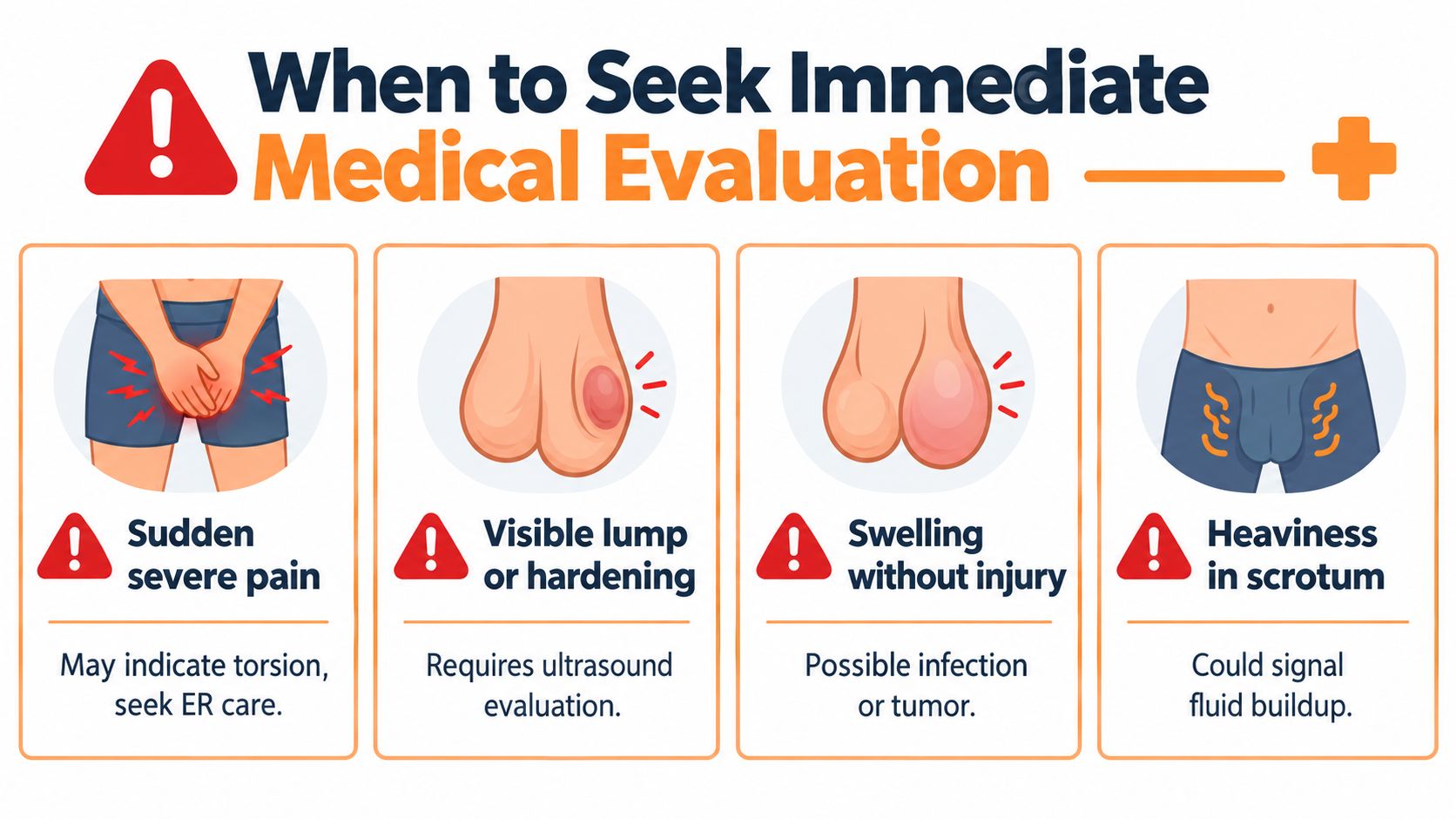 A medical infographic illustrating four symptoms of testicular issues requiring immediate evaluation, including pain, lumps, swelling, and heaviness.