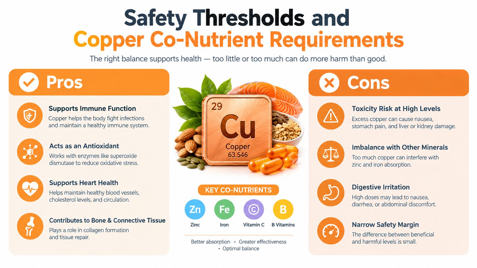 An infographic detailing the health pros, cons, and essential co-nutrients for maintaining safe levels of copper.