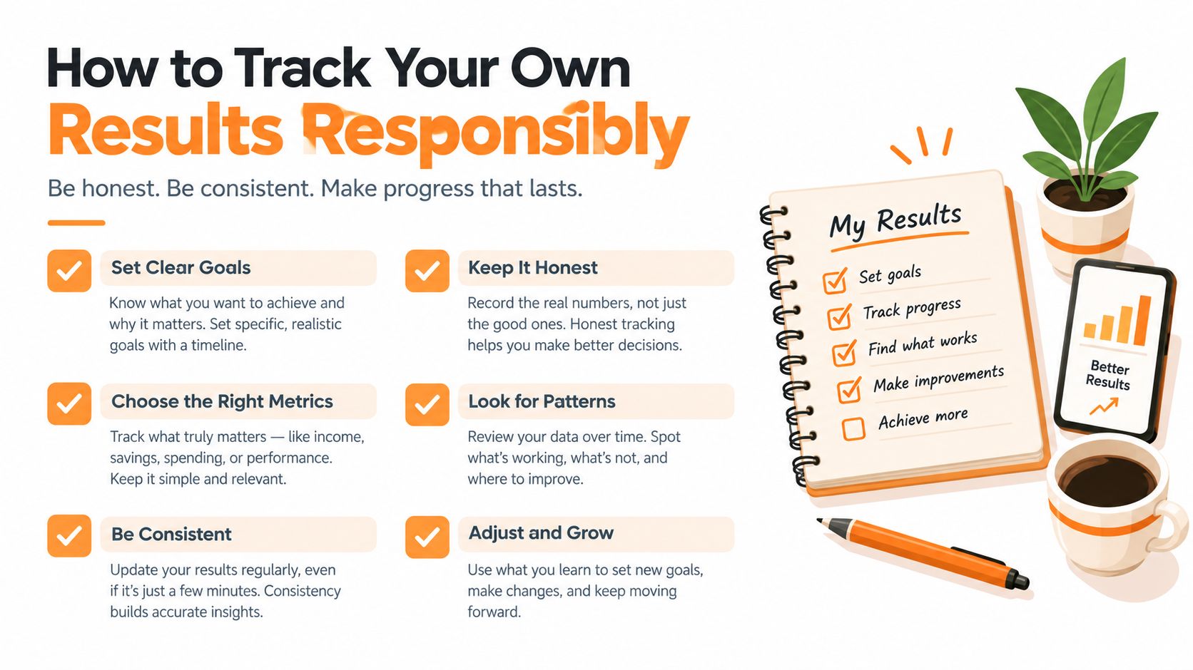 A helpful infographic showing six steps for tracking personal results responsibly, featuring a checklist and office supplies.