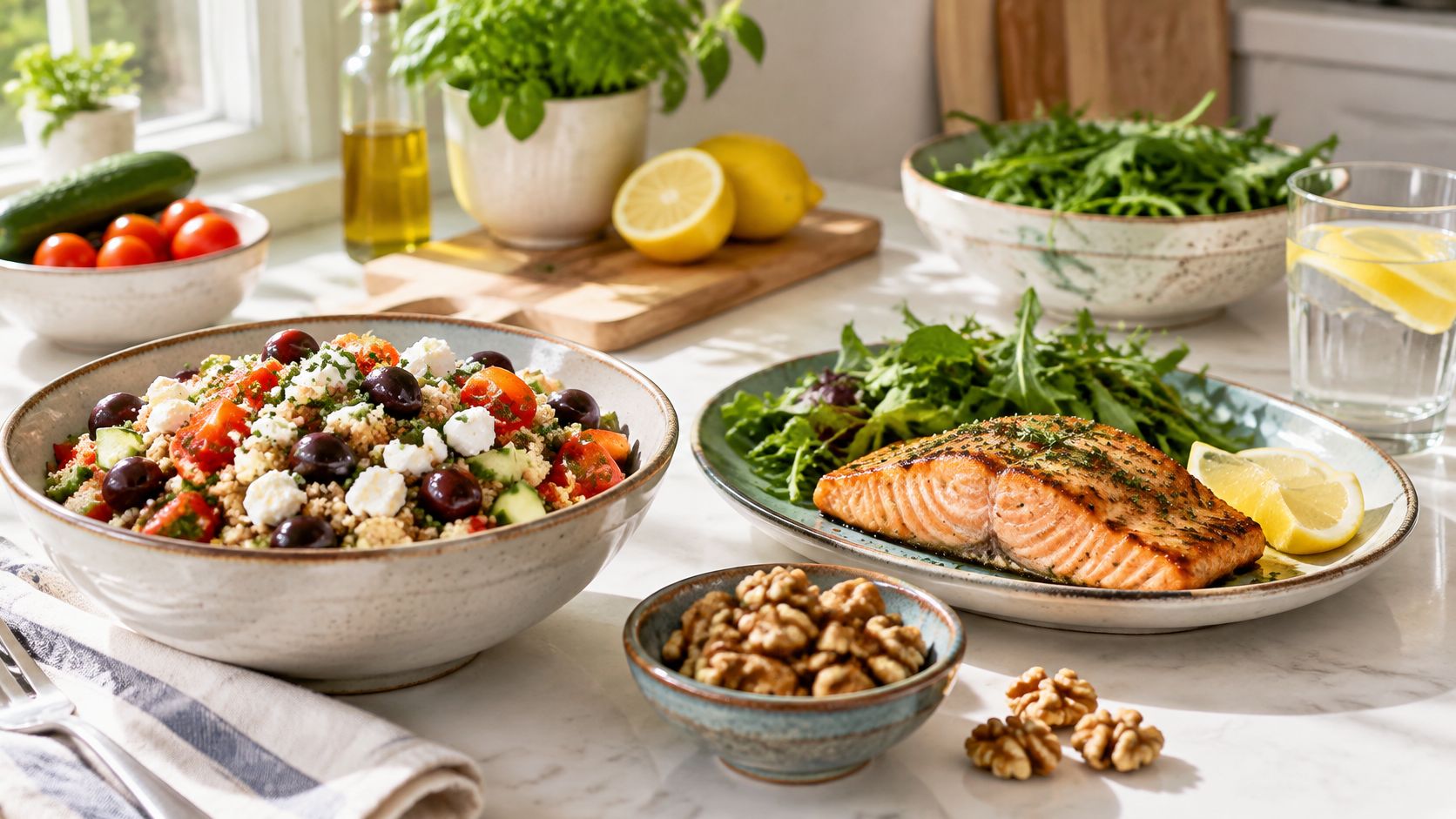 A healthy meal of grilled salmon with salad, quinoa, olives, and walnuts on a kitchen counter.