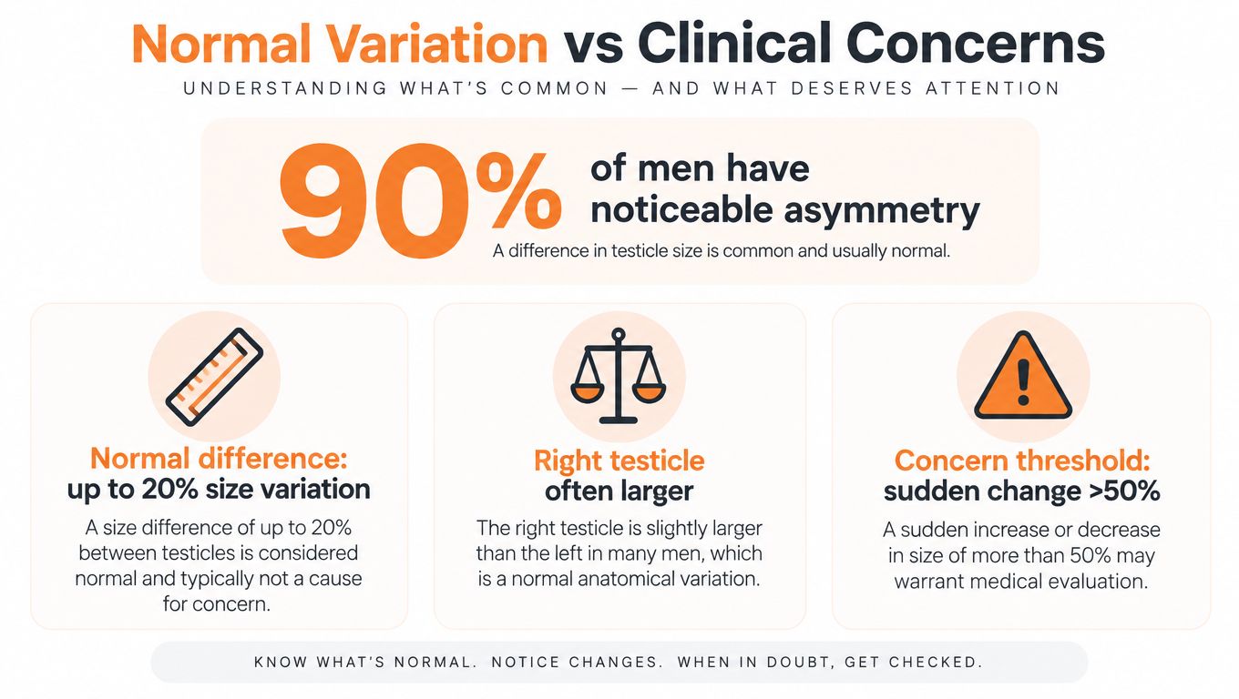 An infographic showing that testicle size asymmetry is a common and normal anatomical variation for men.