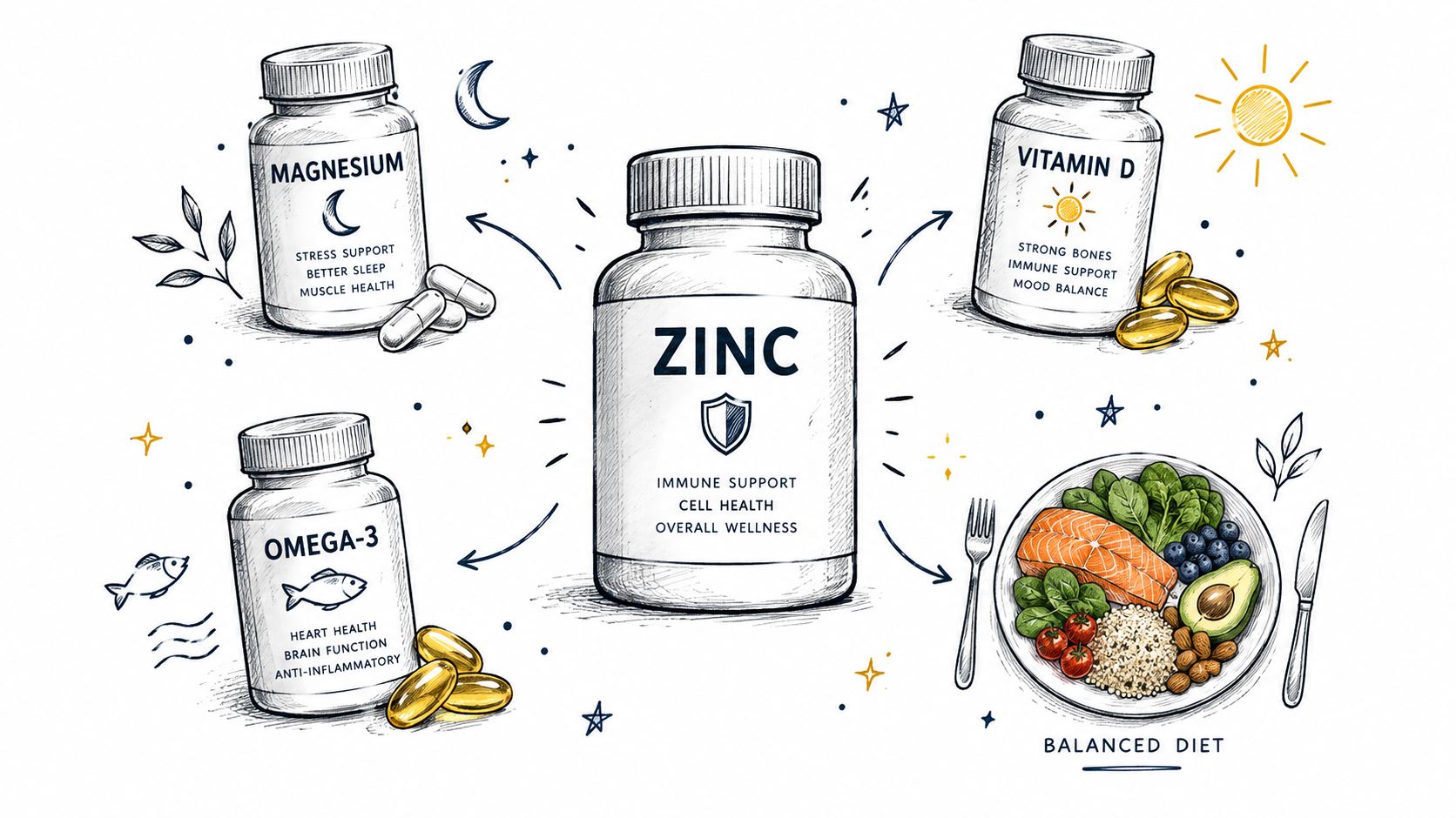 An artistic sketch showing zinc supplement benefits alongside other wellness supplements and a balanced diet illustration.