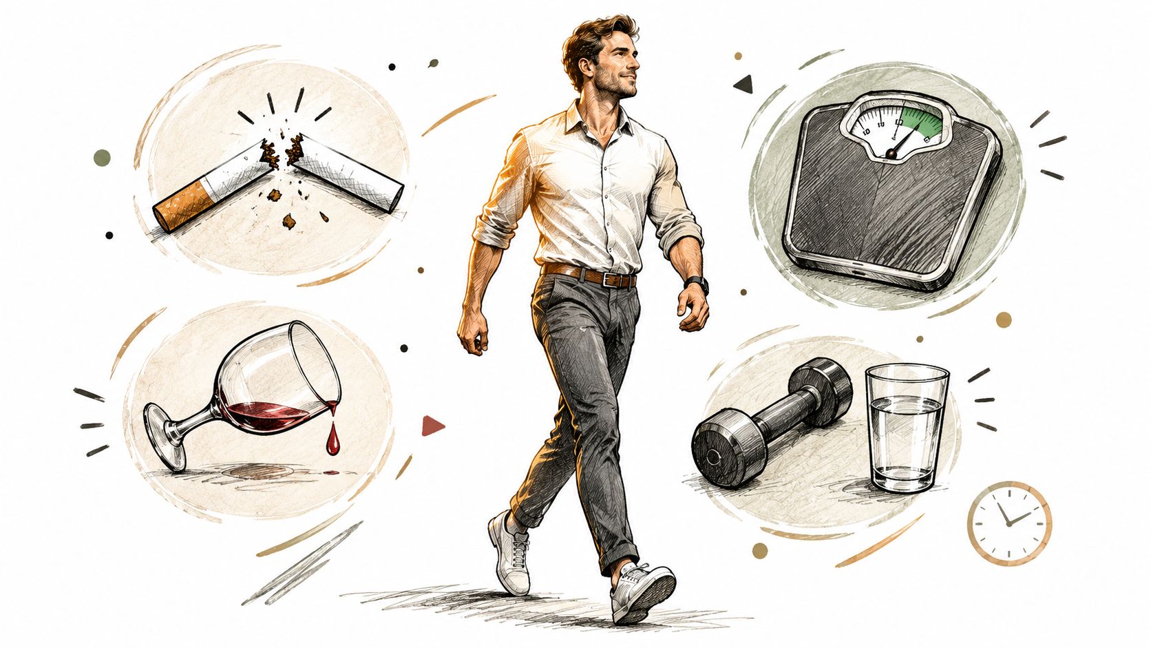 A healthy man walking surrounded by illustrations of smoking cessation, weight management, exercise, and hydration habits.
