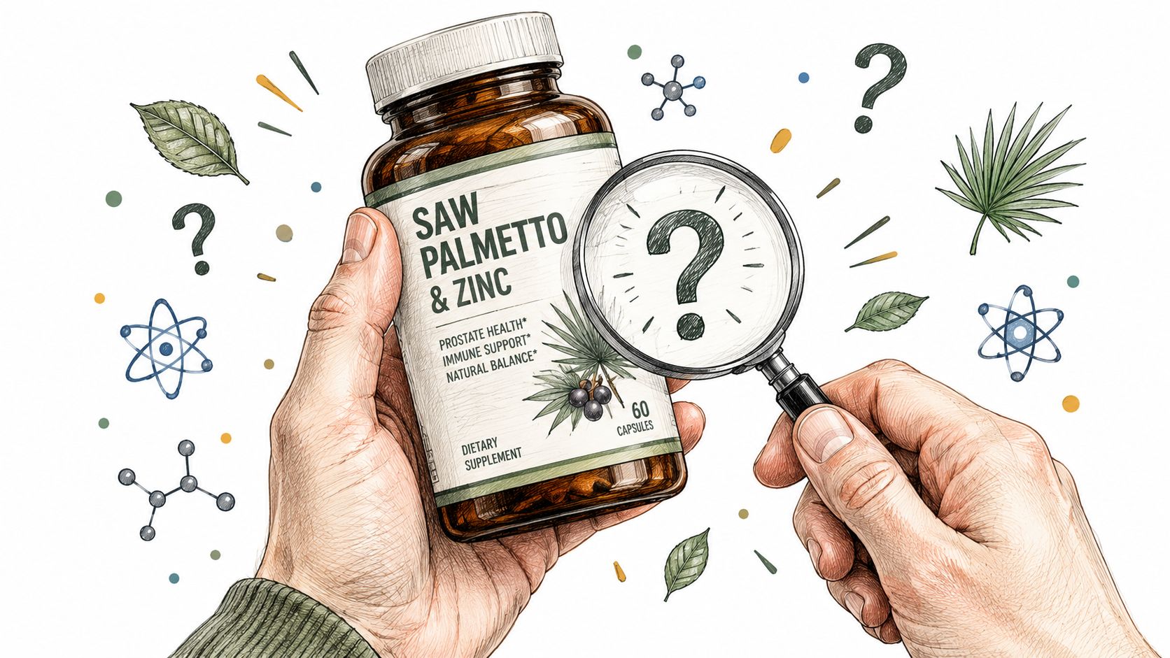 A hand holding a bottle of Saw Palmetto and Zinc supplements while using a magnifying glass.