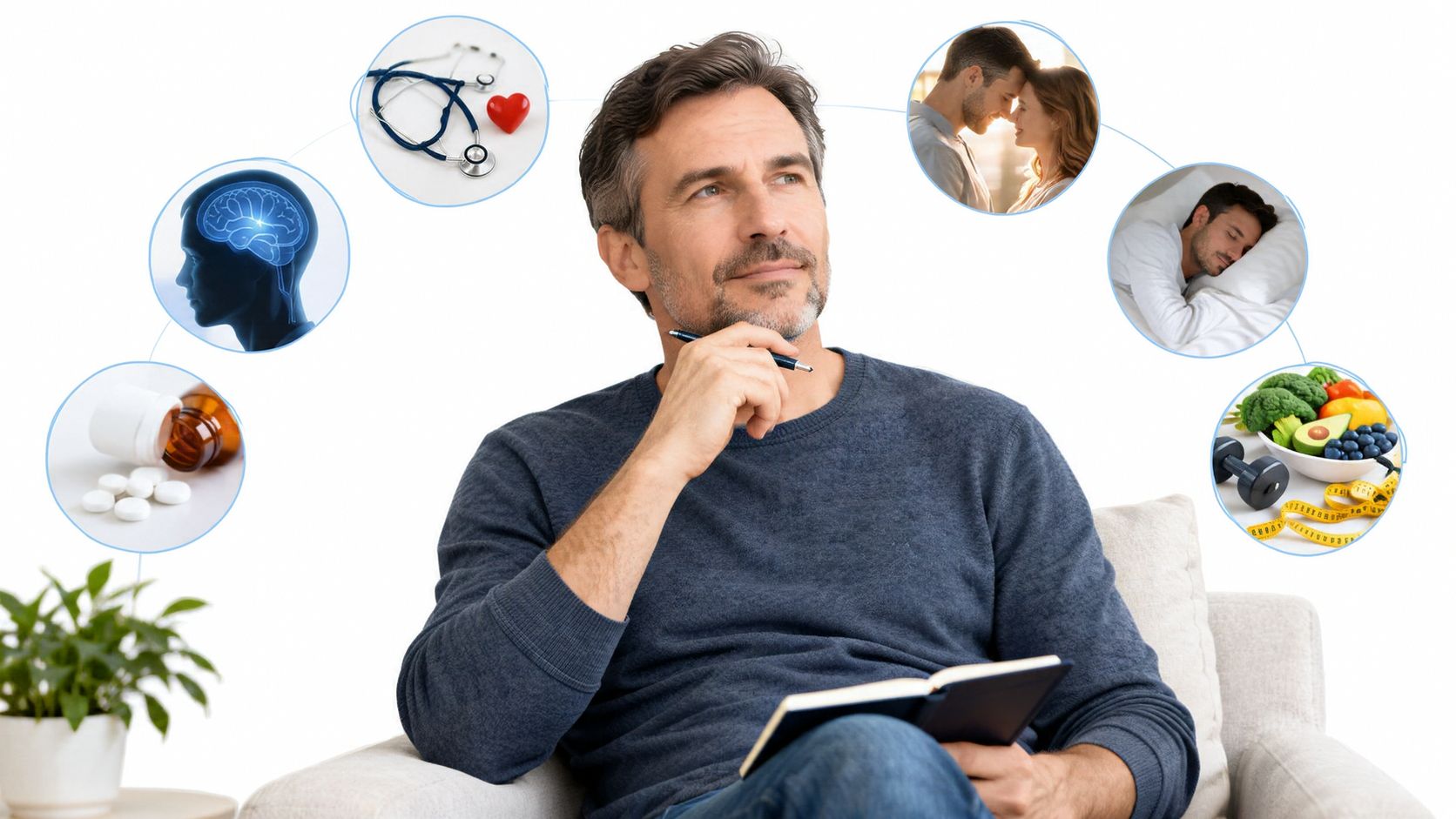A thoughtful middle-aged man sitting with a notebook surrounded by health and lifestyle concept icons.