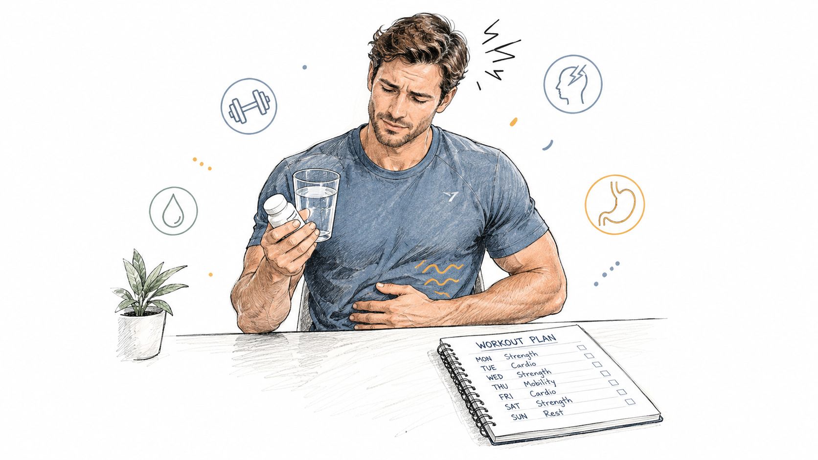 A man experiencing stomach discomfort and a headache while holding a bottle of supplements and a glass water.