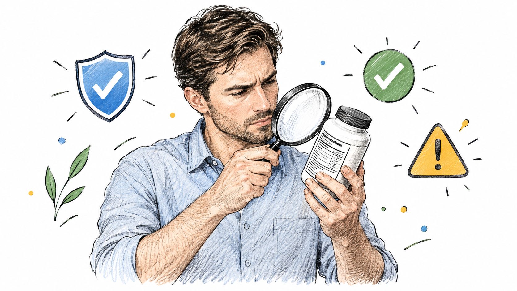 A man inspecting a supplement bottle with a magnifying glass, considering health safety and product labels.