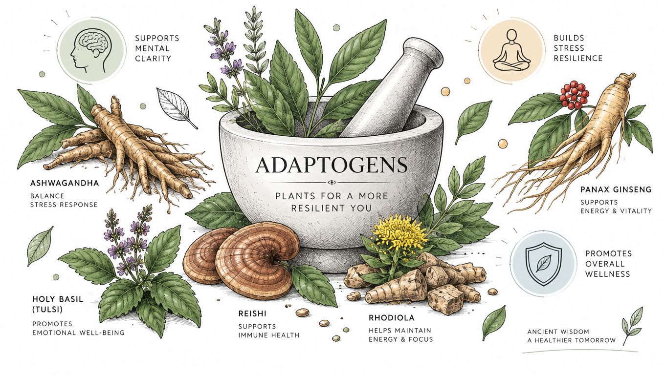 A botanical illustration depicting various adaptogenic plants like ashwagandha, reishi, and ginseng used for stress and wellness.