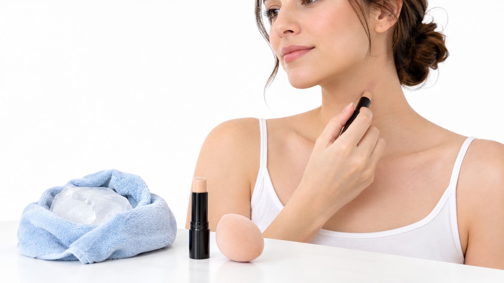 A young woman applying concealer to a hickey on her neck while ice sits nearby.