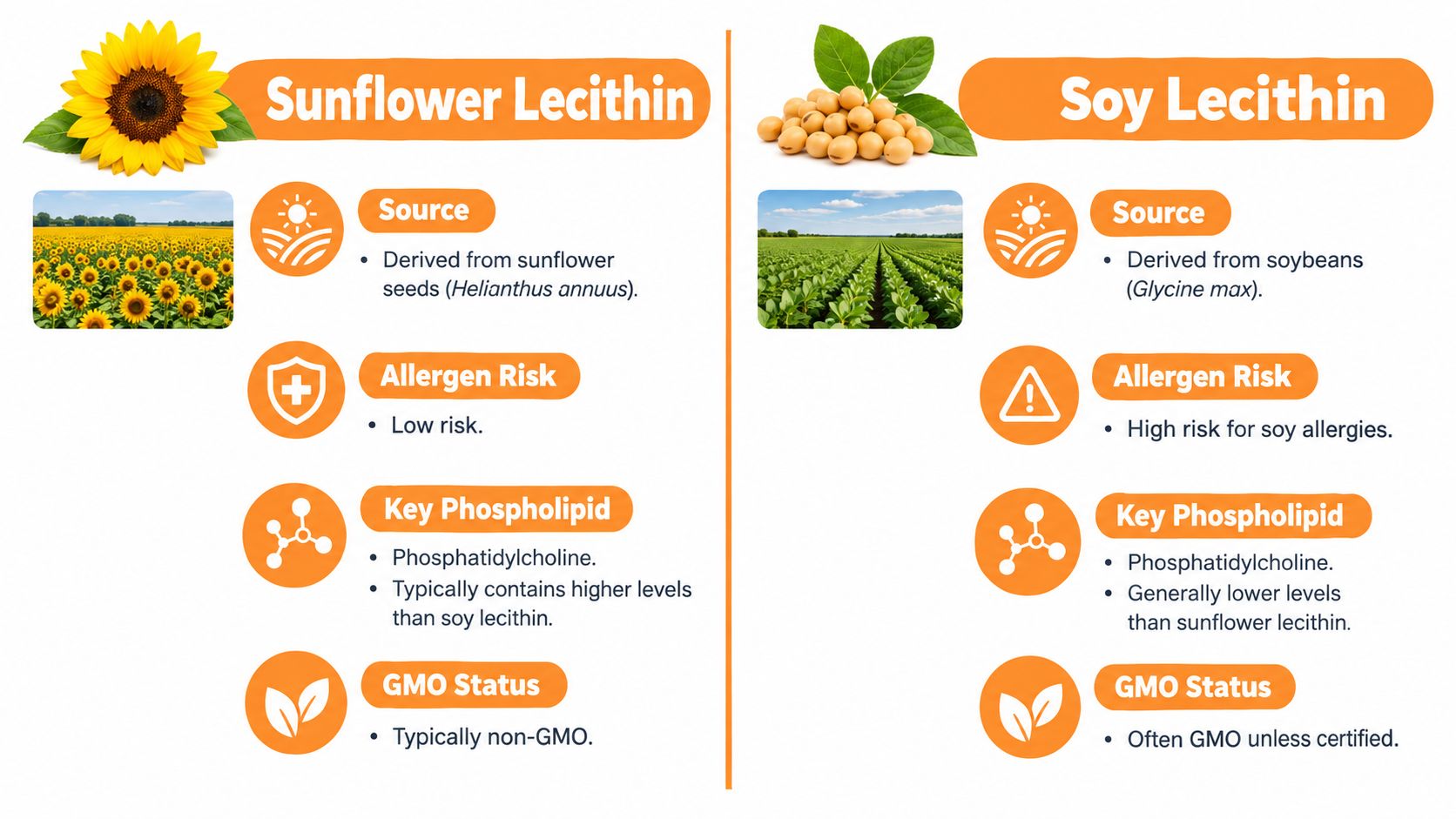A comparison infographic detailing the source, allergen risk, key phospholipids, and GMO status of sunflower and soy lecithin.