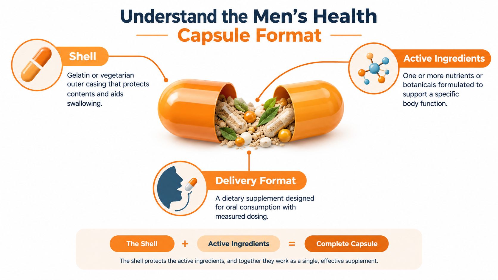 A diagram explaining the components of a men's health capsule, featuring the shell, active ingredients, and delivery format.