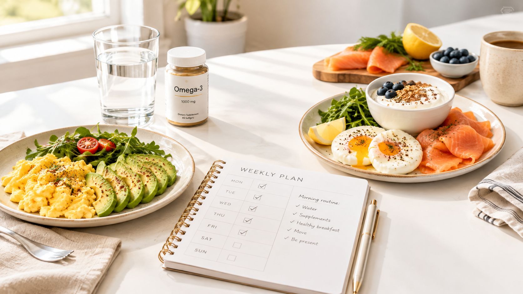 A healthy breakfast table with eggs, smoked salmon, avocado, a weekly planner, and a bottle of Omega-3 supplements.