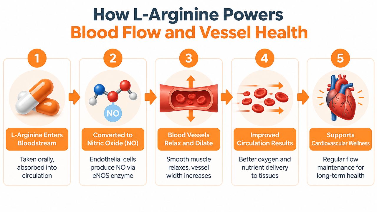 A five-step infographic showing how L-Arginine capsules convert to nitric oxide to improve circulation and cardiovascular health.