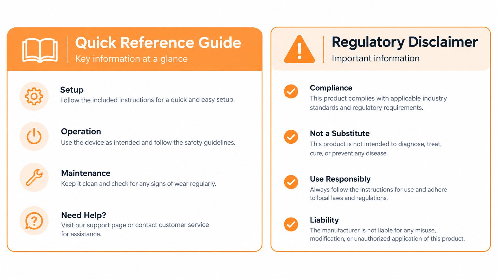 A dual-panel infographic showing a Quick Reference Guide for device usage and a Regulatory Disclaimer document.