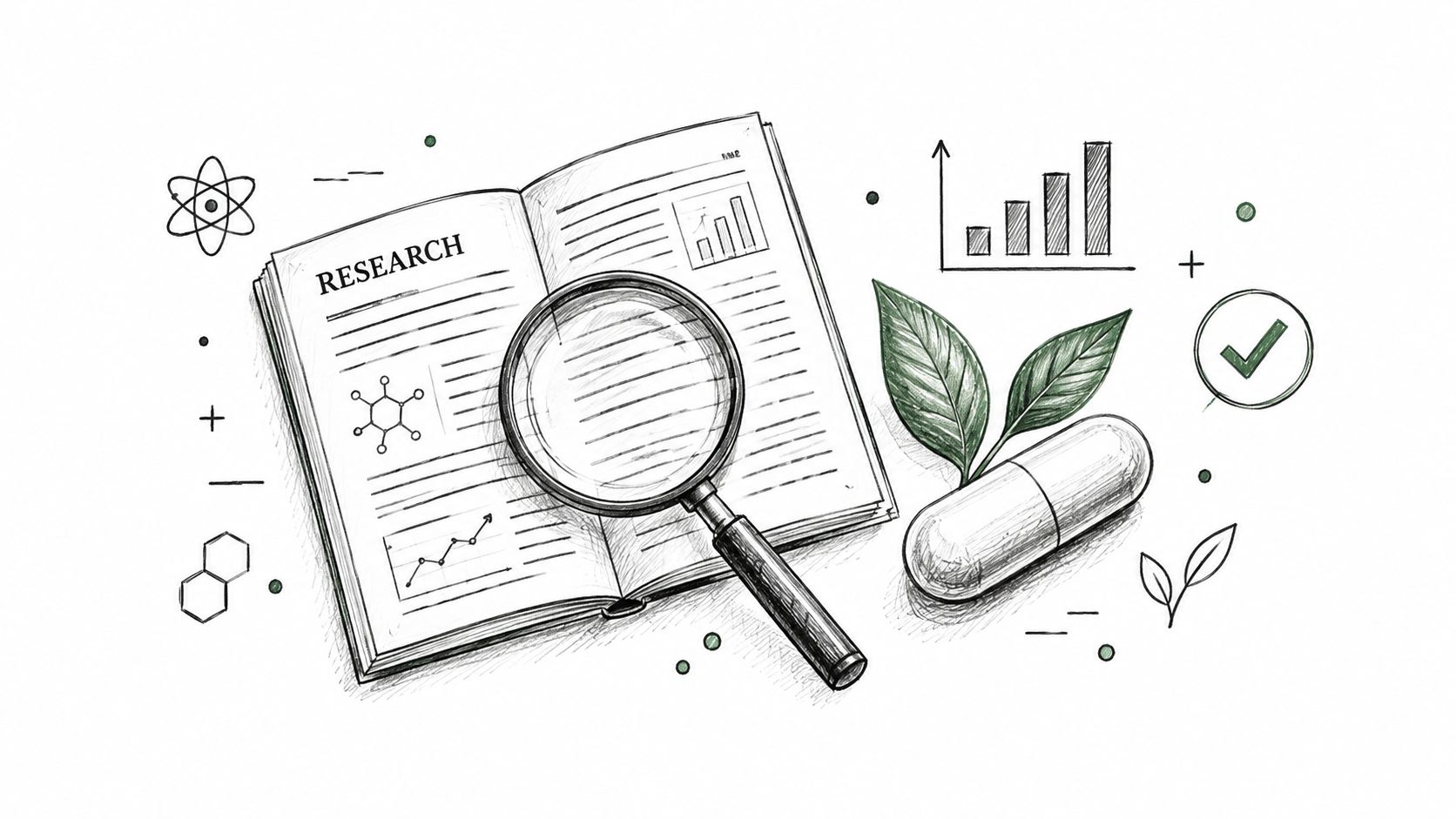 A pencil sketch of an open research book, a magnifying glass, a medicinal capsule, and scientific icons.