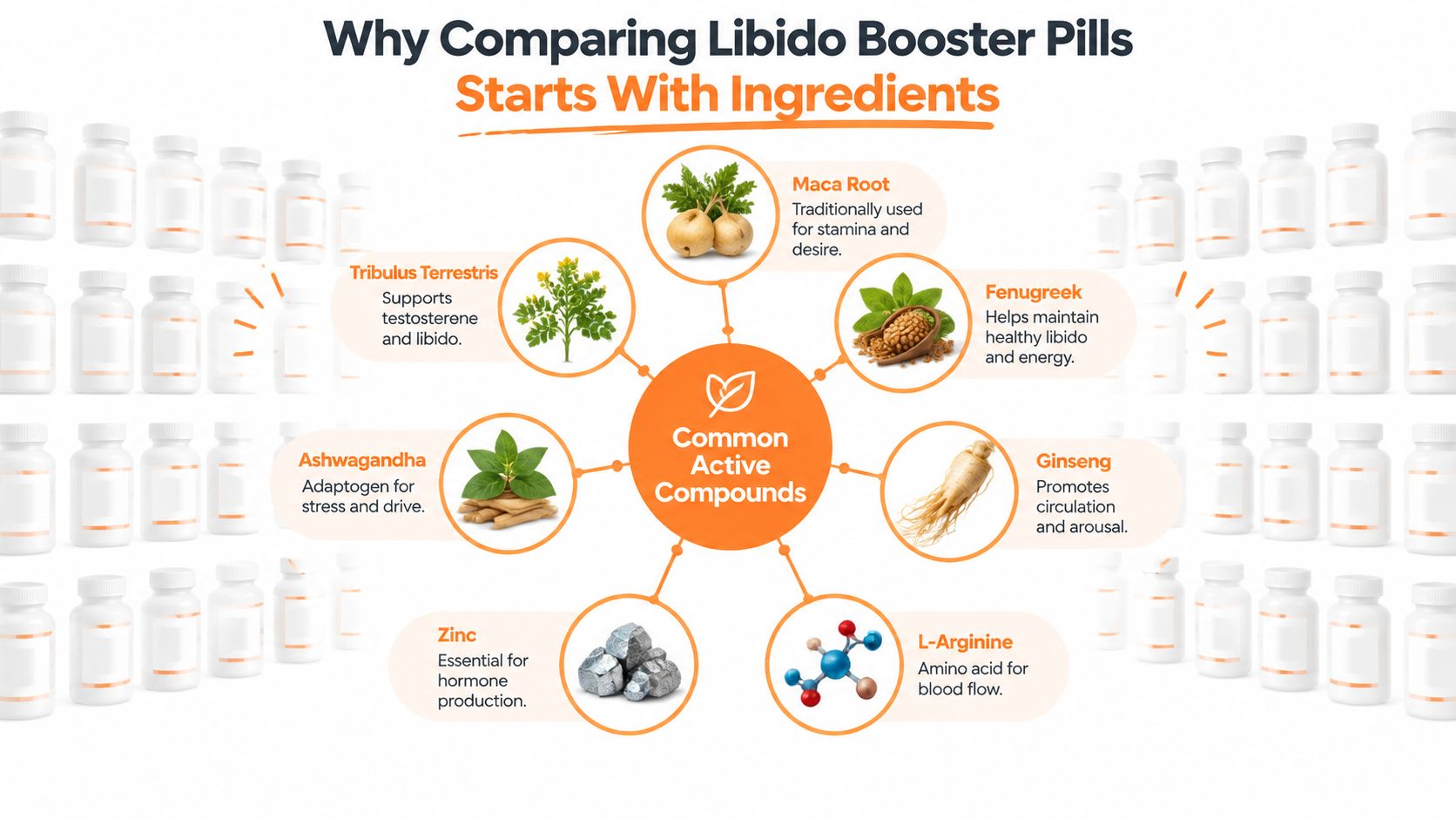A diagram illustrating common active ingredients found in libido booster pills, including herbs, minerals, and amino acids.