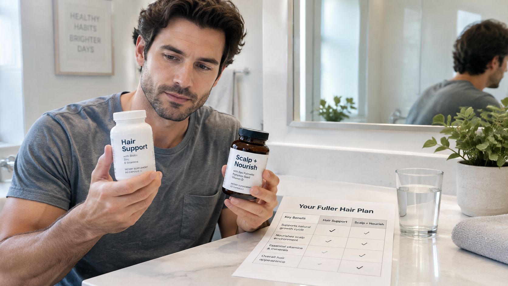 A man in a bathroom comparing two hair health supplement bottles alongside a hair care plan chart.