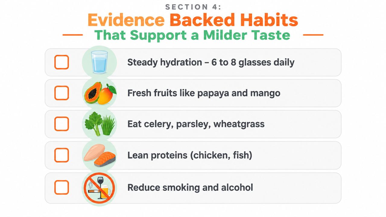 A list of five health habits including hydration, fresh fruits, vegetables, lean proteins, and reduced smoking and alcohol.