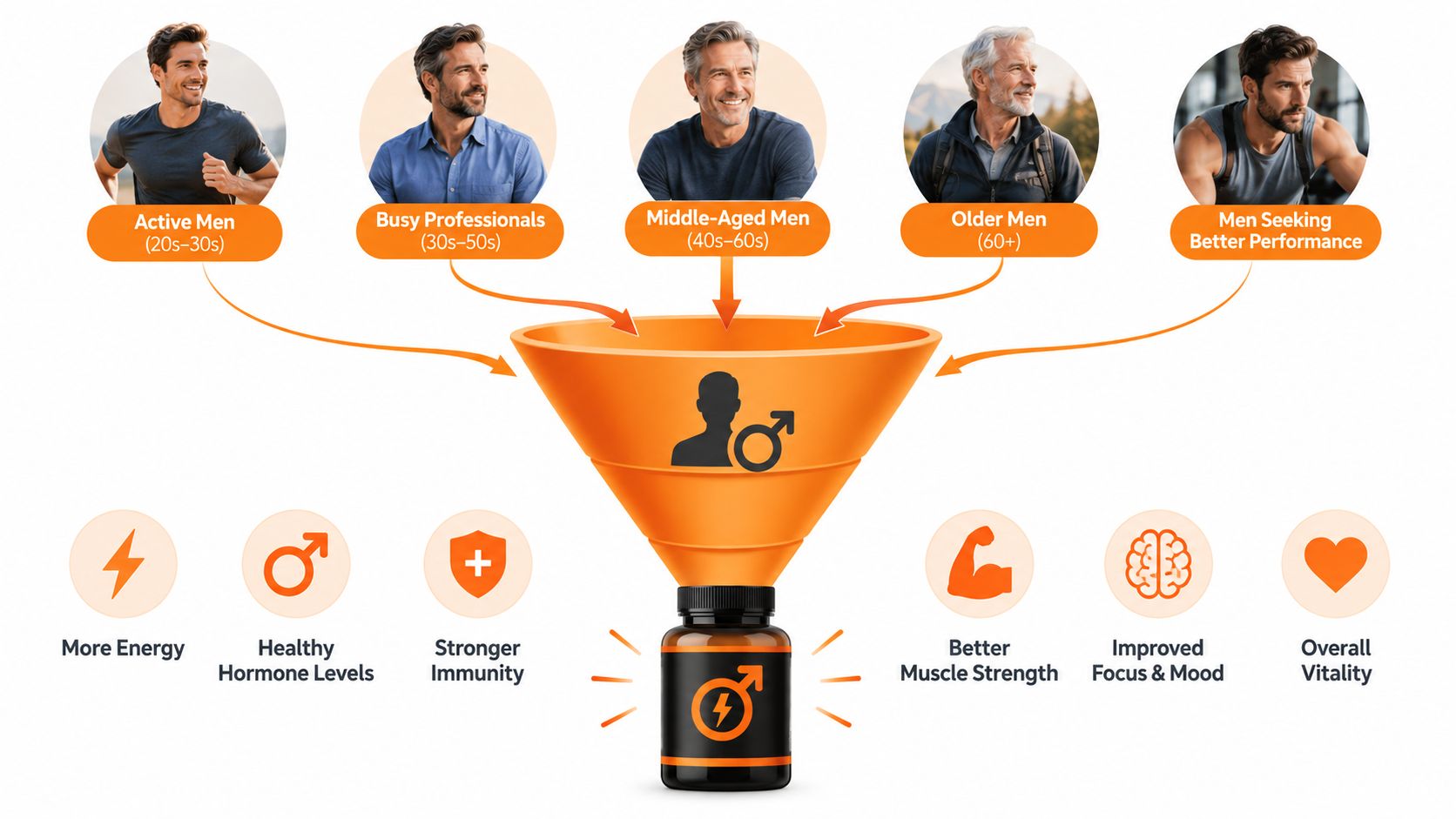 A marketing funnel infographic showing different groups of men leading to a single male vitality supplement bottle.